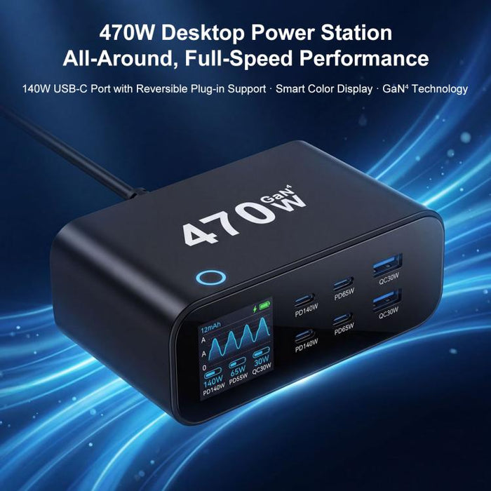 Cargador multifunción GaN de 470 W YMX-615-LCD470W con 4 puertos Tipo C y 2 puertos USB., AU Plug, EU Plug, UK Plug, US Plug