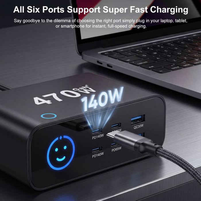 Cargador multifunción GaN de 470 W YMX-615-LCD470W con 4 puertos Tipo C y 2 puertos USB., AU Plug, EU Plug, UK Plug, US Plug
