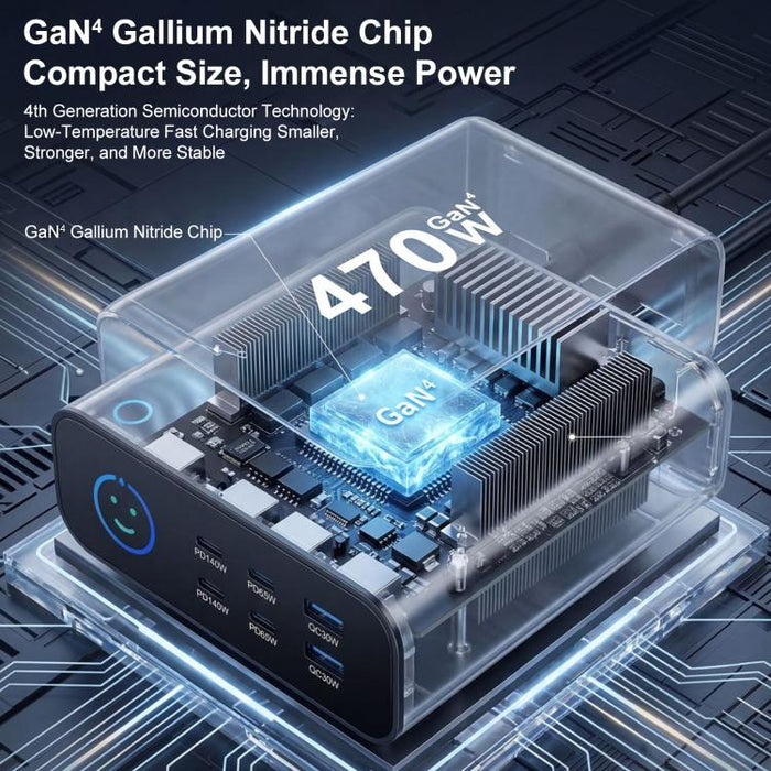 Cargador multifunción GaN de 470 W YMX-615-LCD470W con 4 puertos Tipo C y 2 puertos USB., AU Plug, EU Plug, UK Plug, US Plug