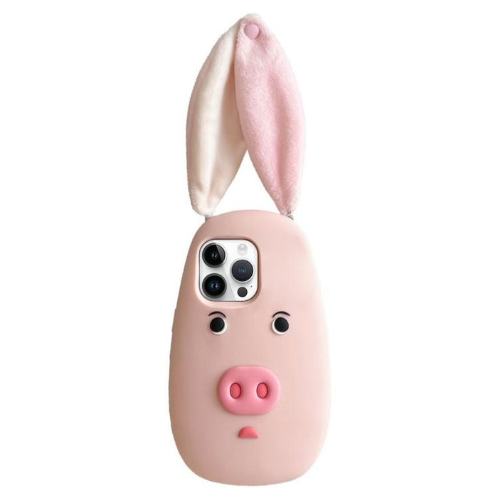 Funda para teléfono de silicona a prueba de golpes con orejas de peluche de tela y cara de cerdito de dibujos animados en 3D., For iPhone 17 Pro Max, For iPhone 17 Pro, For iPhone 17, For iPhone 16 Pro Max, For iPhone 16 Pro, For iPhone 16             ...