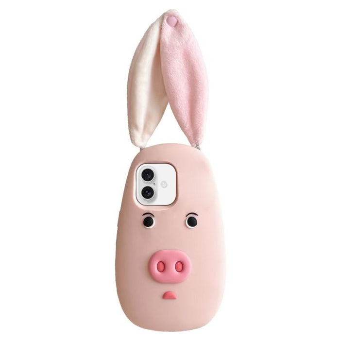 Funda para teléfono de silicona a prueba de golpes con orejas de peluche de tela y cara de cerdito de dibujos animados en 3D., For iPhone 17 Pro Max, For iPhone 17 Pro, For iPhone 17, For iPhone 16 Pro Max, For iPhone 16 Pro, For iPhone 16             ...