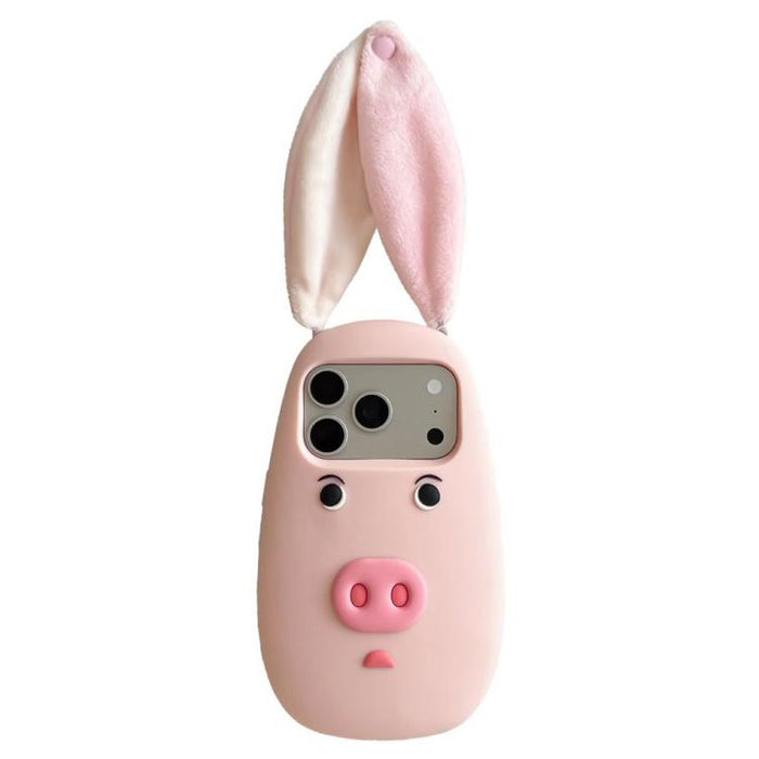 Funda para teléfono de silicona a prueba de golpes con orejas de peluche de tela y cara de cerdito de dibujos animados en 3D., For iPhone 17 Pro Max, For iPhone 17 Pro, For iPhone 17, For iPhone 16 Pro Max, For iPhone 16 Pro, For iPhone 16             ...