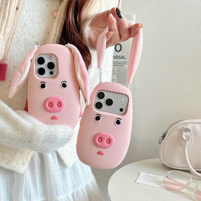 Funda para teléfono de silicona a prueba de golpes con orejas de peluche de tela y cara de cerdito de dibujos animados en 3D., For iPhone 17 Pro Max, For iPhone 17 Pro, For iPhone 17, For iPhone 16 Pro Max, For iPhone 16 Pro, For iPhone 16             ...