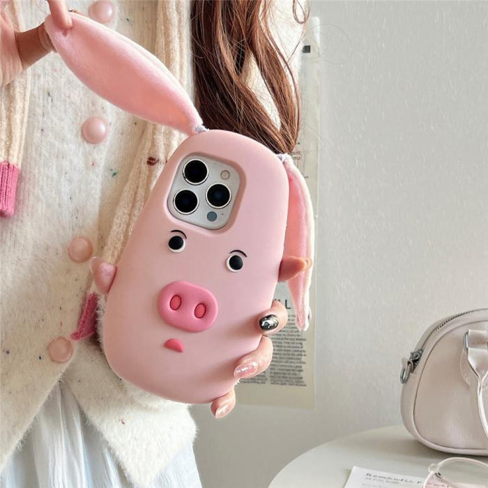 Funda para teléfono de silicona a prueba de golpes con orejas de peluche de tela y cara de cerdito de dibujos animados en 3D., For iPhone 17 Pro Max, For iPhone 17 Pro, For iPhone 17, For iPhone 16 Pro Max, For iPhone 16 Pro, For iPhone 16             ...