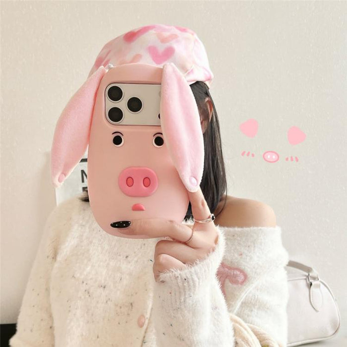 Funda para teléfono de silicona a prueba de golpes con orejas de peluche de tela y cara de cerdito de dibujos animados en 3D., For iPhone 17 Pro Max, For iPhone 17 Pro, For iPhone 17, For iPhone 16 Pro Max, For iPhone 16 Pro, For iPhone 16             ...