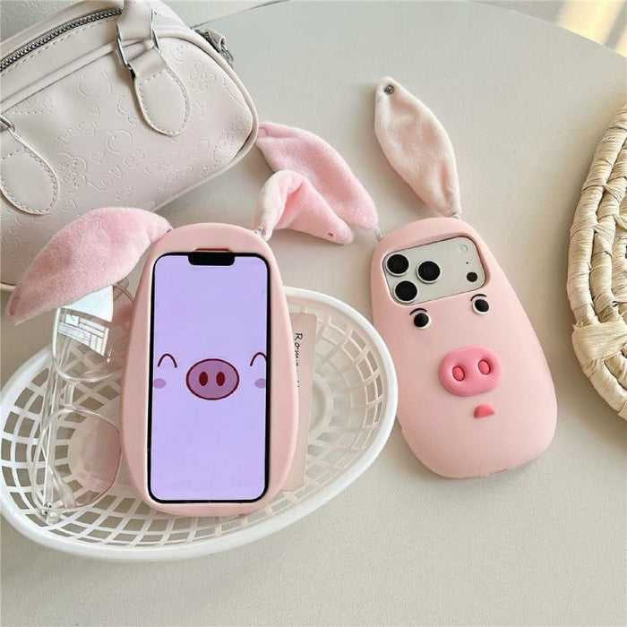 Funda para teléfono de silicona a prueba de golpes con orejas de peluche de tela y cara de cerdito de dibujos animados en 3D., For iPhone 17 Pro Max, For iPhone 17 Pro, For iPhone 17, For iPhone 16 Pro Max, For iPhone 16 Pro, For iPhone 16             ...