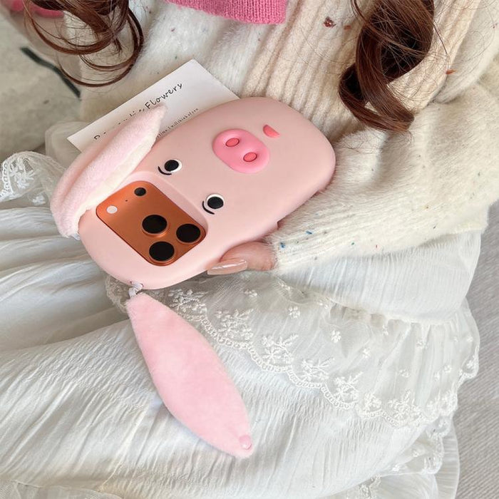 Funda para teléfono de silicona a prueba de golpes con orejas de peluche de tela y cara de cerdito de dibujos animados en 3D., For iPhone 17 Pro Max, For iPhone 17 Pro, For iPhone 17, For iPhone 16 Pro Max, For iPhone 16 Pro, For iPhone 16             ...