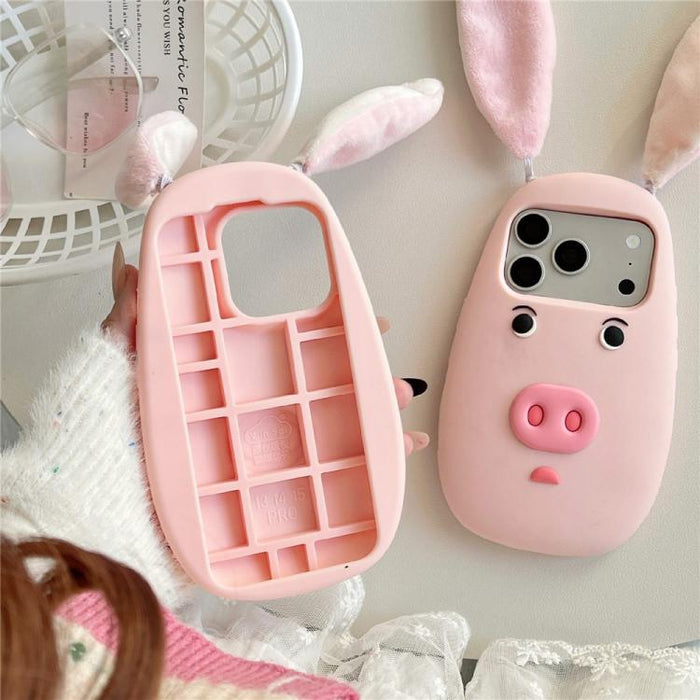 Funda para teléfono de silicona a prueba de golpes con orejas de peluche de tela y cara de cerdito de dibujos animados en 3D., For iPhone 17 Pro Max, For iPhone 17 Pro, For iPhone 17, For iPhone 16 Pro Max, For iPhone 16 Pro, For iPhone 16             ...
