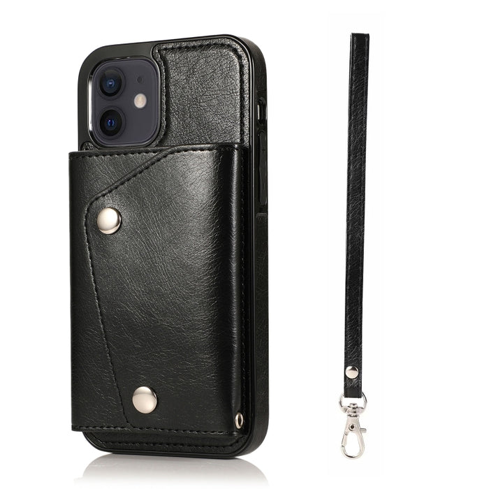 Estuche de cuero PU + TPU a prueba de golpes con ranuras para tarjetas y soporte y marco de fotos y billetera y cordón