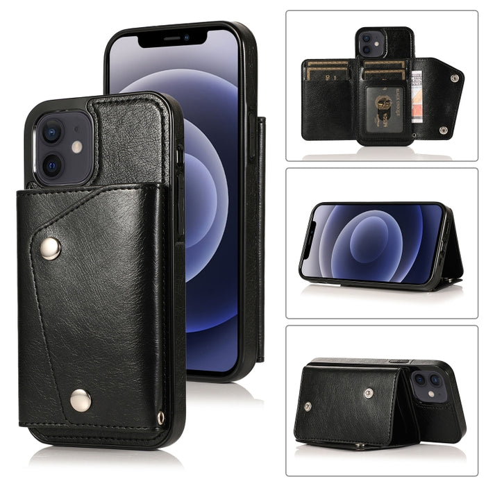 Estuche de cuero PU + TPU a prueba de golpes con ranuras para tarjetas y soporte y marco de fotos y billetera y cordón