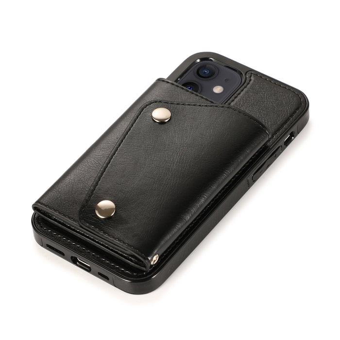 Estuche de cuero PU + TPU a prueba de golpes con ranuras para tarjetas y soporte y marco de fotos y billetera y cordón