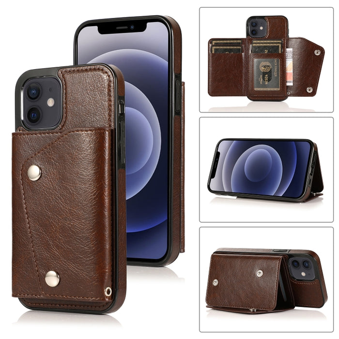 Estuche de cuero PU + TPU a prueba de golpes con ranuras para tarjetas y soporte y marco de fotos y billetera y cordón