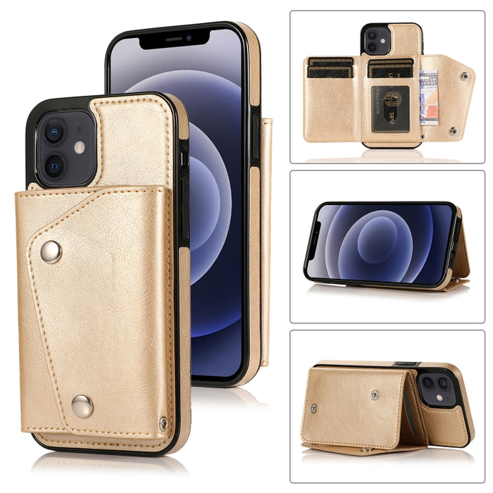 Estuche de cuero PU + TPU a prueba de golpes con ranuras para tarjetas y soporte y marco de fotos y billetera y cordón