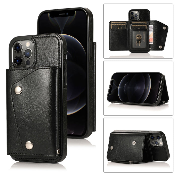 Estuche de cuero PU + TPU a prueba de golpes con ranuras para tarjetas y soporte y marco de fotos y billetera y cordón