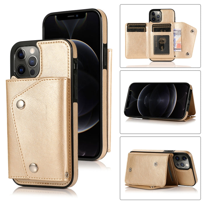 Estuche de cuero PU + TPU a prueba de golpes con ranuras para tarjetas y soporte y marco de fotos y billetera y cordón