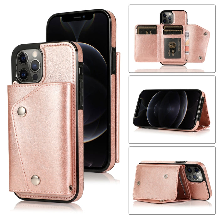 Estuche de cuero PU + TPU a prueba de golpes con ranuras para tarjetas y soporte y marco de fotos y billetera y cordón