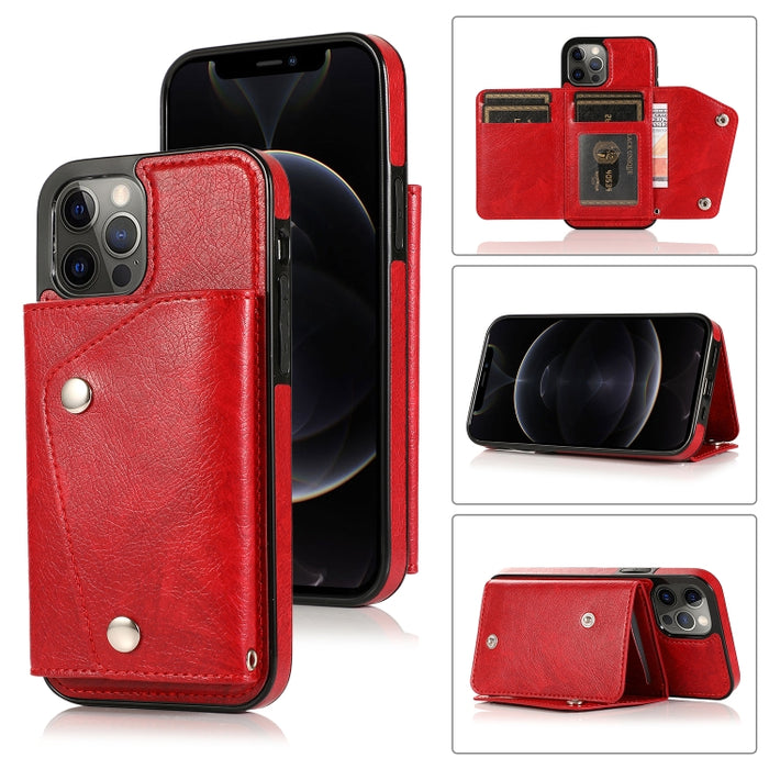 Estuche de cuero PU + TPU a prueba de golpes con ranuras para tarjetas y soporte y marco de fotos y billetera y cordón