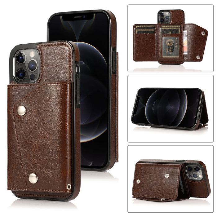 Estuche de cuero PU + TPU a prueba de golpes con ranuras para tarjetas y soporte y marco de fotos y billetera y cordón