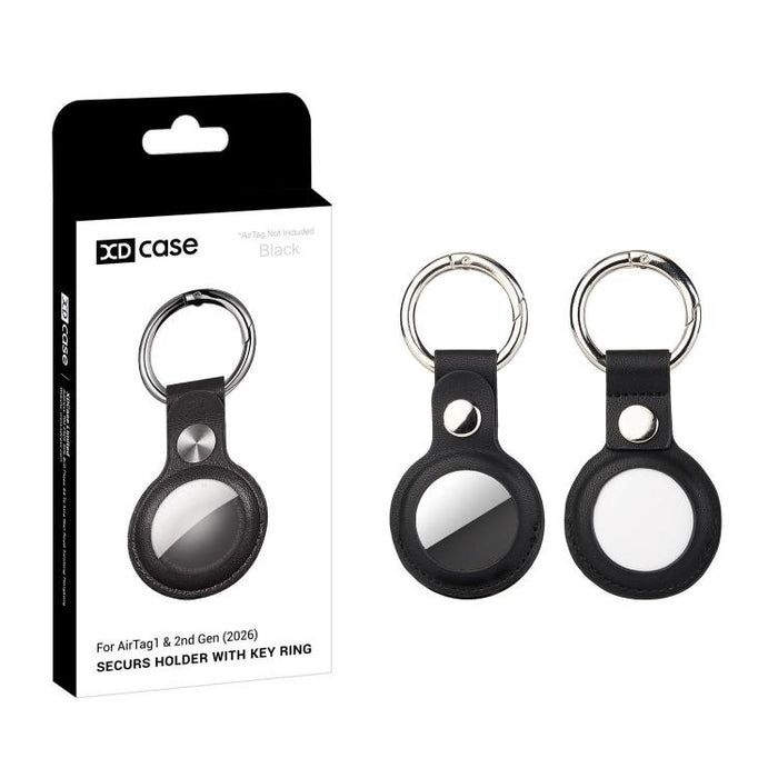 Funda protectora de cuero vegano hueco de doble cara XDcase con anillo metálico, For AirTag 2nd Gen / AirTag 1st Gen