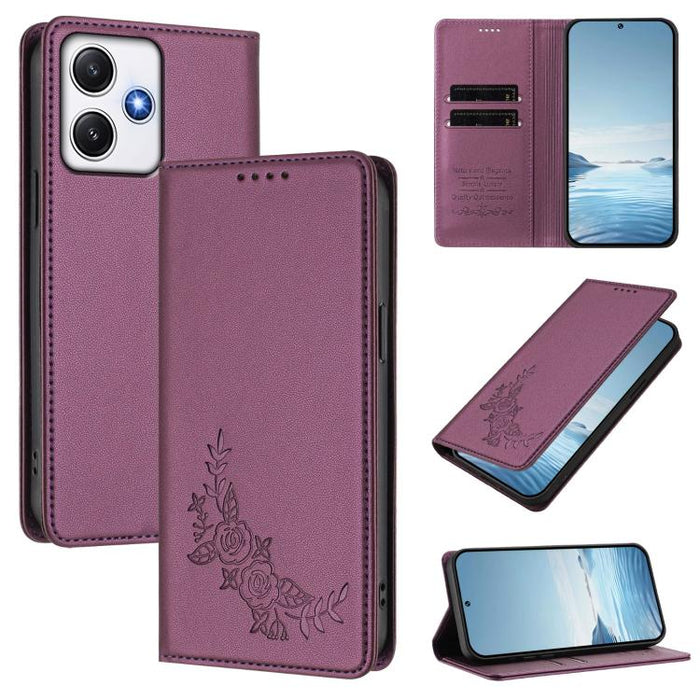 Funda para teléfono de piel vegana magnética RFID con relieve de peonía, For Redmi Note 13 4G Global, For Redmi Note 13 Pro 5G / Poco X6, For Redmi Note 13 5G Global, For Redmi Note 13 Pro+ 5G, For Redmi 12 4G / 5G / Note 12R                           ...