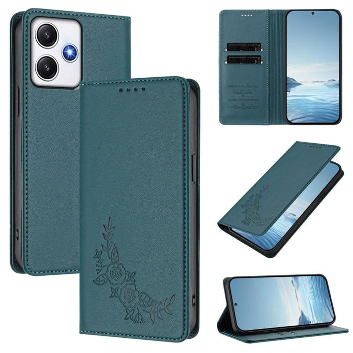 Funda para teléfono de piel vegana magnética RFID con relieve de peonía, For Redmi Note 13 4G Global, For Redmi Note 13 Pro 5G / Poco X6, For Redmi Note 13 5G Global, For Redmi Note 13 Pro+ 5G, For Redmi 12 4G / 5G / Note 12R                           ...