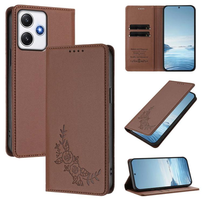 Funda para teléfono de piel vegana magnética RFID con relieve de peonía, For Redmi Note 13 4G Global, For Redmi Note 13 Pro 5G / Poco X6, For Redmi Note 13 5G Global, For Redmi Note 13 Pro+ 5G, For Redmi 12 4G / 5G / Note 12R                           ...