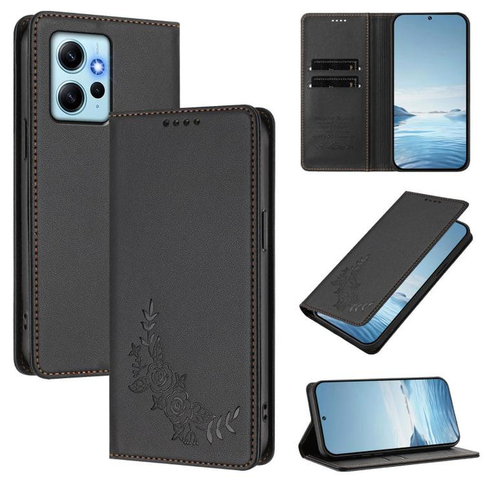 Funda para teléfono de piel vegana magnética RFID con relieve de peonía, For Redmi Note 13 4G Global, For Redmi Note 13 Pro 5G / Poco X6, For Redmi Note 13 5G Global, For Redmi Note 13 Pro+ 5G, For Redmi 12 4G / 5G / Note 12R                           ...