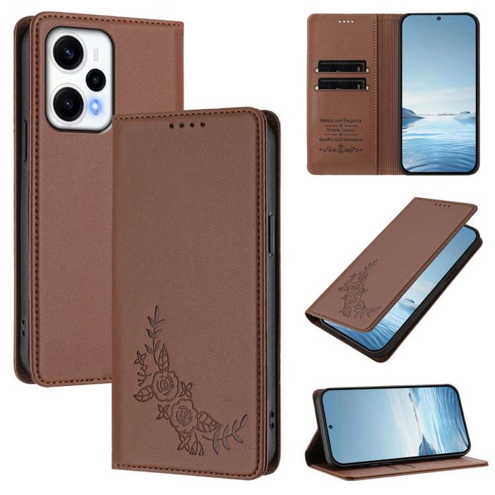 Funda para teléfono de piel vegana magnética RFID con relieve de peonía, For Redmi Note 13 4G Global, For Redmi Note 13 Pro 5G / Poco X6, For Redmi Note 13 5G Global, For Redmi Note 13 Pro+ 5G, For Redmi 12 4G / 5G / Note 12R                           ...