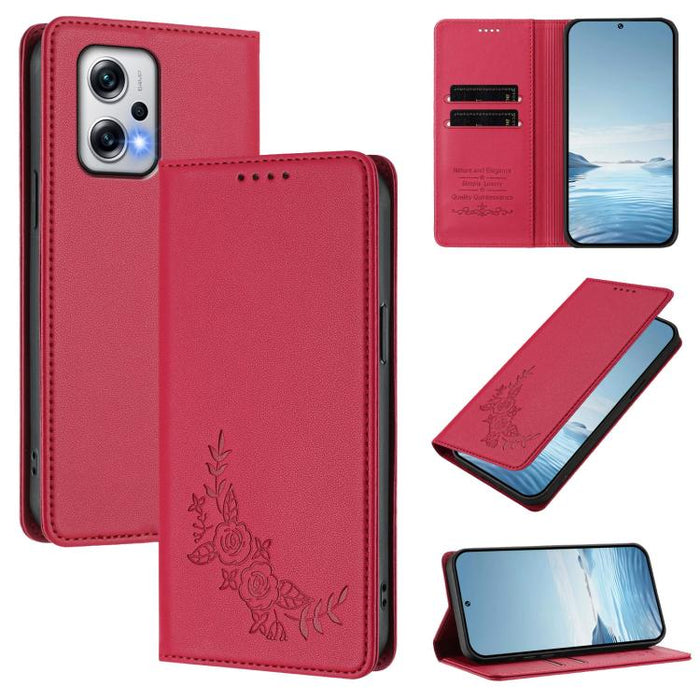 Funda para teléfono de piel vegana magnética RFID con relieve de peonía, For Redmi Note 13 4G Global, For Redmi Note 13 Pro 5G / Poco X6, For Redmi Note 13 5G Global, For Redmi Note 13 Pro+ 5G, For Redmi 12 4G / 5G / Note 12R                           ...