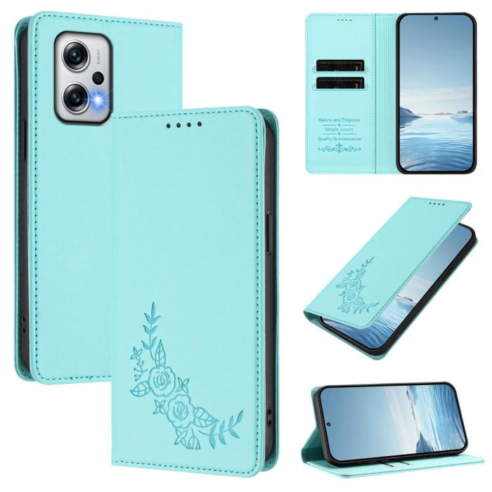 Funda para teléfono de piel vegana magnética RFID con relieve de peonía, For Redmi Note 13 4G Global, For Redmi Note 13 Pro 5G / Poco X6, For Redmi Note 13 5G Global, For Redmi Note 13 Pro+ 5G, For Redmi 12 4G / 5G / Note 12R                           ...