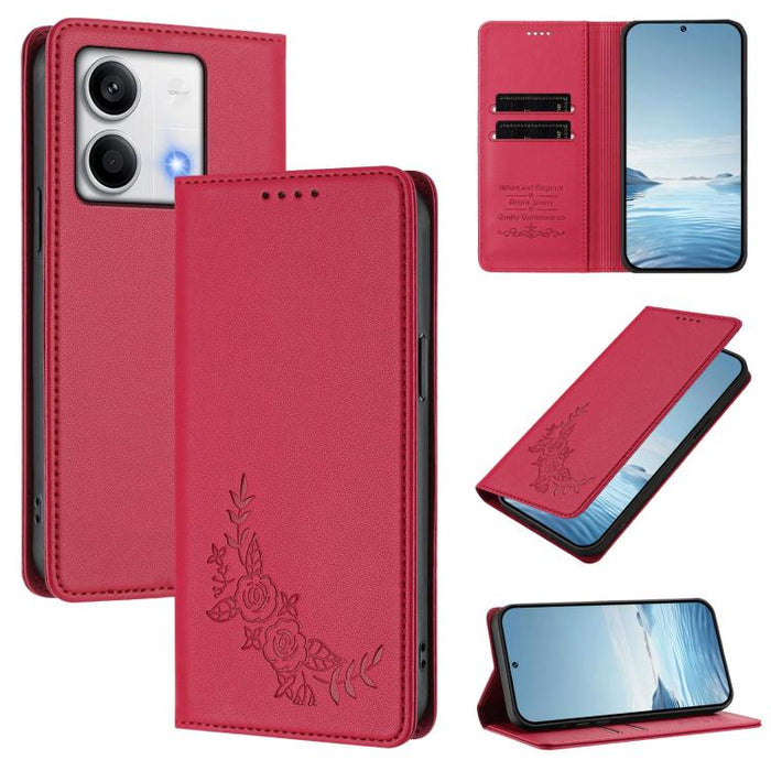 Funda para teléfono de piel vegana magnética RFID con relieve de peonía, For Redmi Note 13 4G Global, For Redmi Note 13 Pro 5G / Poco X6, For Redmi Note 13 5G Global, For Redmi Note 13 Pro+ 5G, For Redmi 12 4G / 5G / Note 12R                           ...