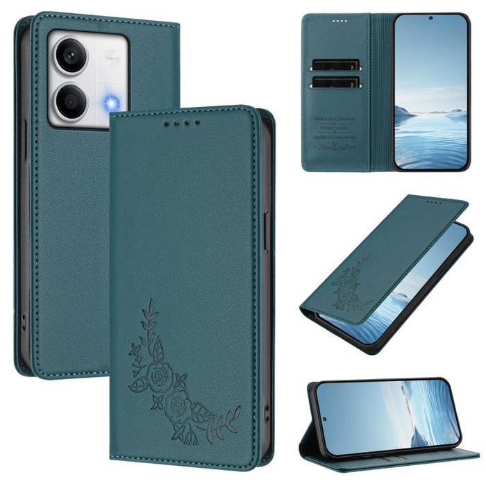 Funda para teléfono de piel vegana magnética RFID con relieve de peonía, For Redmi Note 13 4G Global, For Redmi Note 13 Pro 5G / Poco X6, For Redmi Note 13 5G Global, For Redmi Note 13 Pro+ 5G, For Redmi 12 4G / 5G / Note 12R                           ...