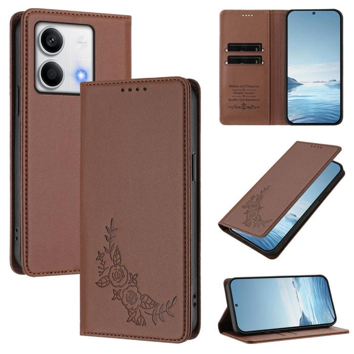 Funda para teléfono de piel vegana magnética RFID con relieve de peonía, For Redmi Note 13 4G Global, For Redmi Note 13 Pro 5G / Poco X6, For Redmi Note 13 5G Global, For Redmi Note 13 Pro+ 5G, For Redmi 12 4G / 5G / Note 12R                           ...