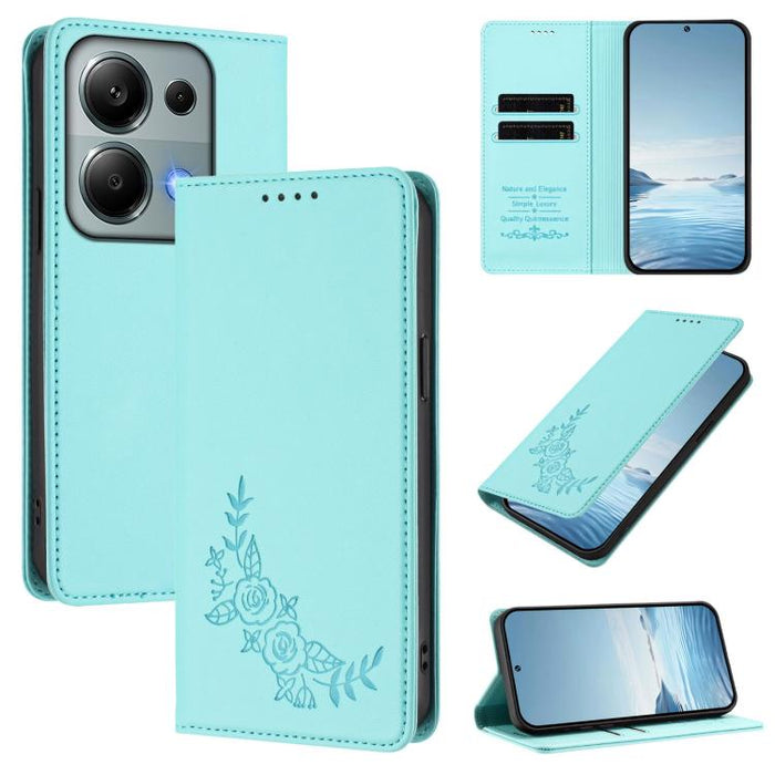 Funda para teléfono de piel vegana magnética RFID con relieve de peonía, For Redmi 15 5G Global / 15 4G SEA 169.5mm, For Redmi 15 5G / 4G EU 171mm, For Redmi 15C 5G / 4G Global 171mm / Poco C85 4G, For Redmi Turbo 4 Pro / Poco F7                       ...