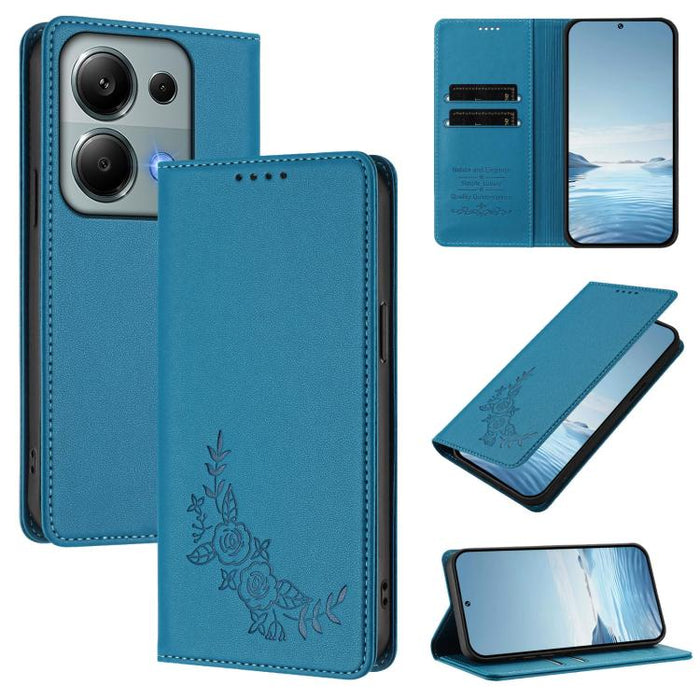 Funda para teléfono de piel vegana magnética RFID con relieve de peonía, For Redmi 15 5G Global / 15 4G SEA 169.5mm, For Redmi 15 5G / 4G EU 171mm, For Redmi 15C 5G / 4G Global 171mm / Poco C85 4G, For Redmi Turbo 4 Pro / Poco F7                       ...
