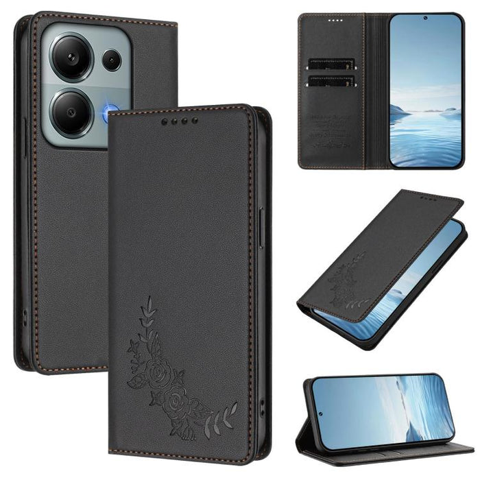 Funda para teléfono de piel vegana magnética RFID con relieve de peonía, For Redmi 15 5G Global / 15 4G SEA 169.5mm, For Redmi 15 5G / 4G EU 171mm, For Redmi 15C 5G / 4G Global 171mm / Poco C85 4G, For Redmi Turbo 4 Pro / Poco F7                       ...