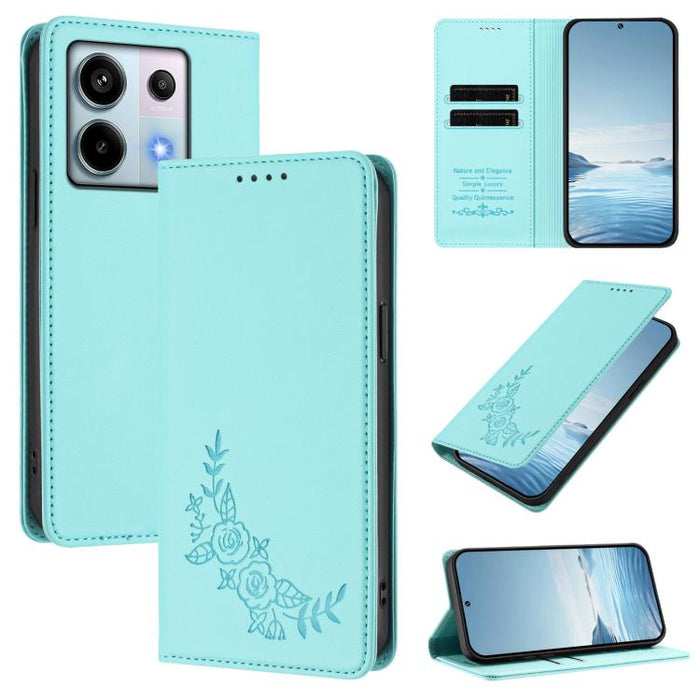 Funda para teléfono de piel vegana magnética RFID con relieve de peonía, For Redmi Note 13 4G Global, For Redmi Note 13 Pro 5G / Poco X6, For Redmi Note 13 5G Global, For Redmi Note 13 Pro+ 5G, For Redmi 12 4G / 5G / Note 12R                           ...