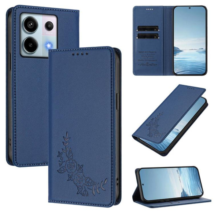 Funda para teléfono de piel vegana magnética RFID con relieve de peonía, For Redmi Note 13 4G Global, For Redmi Note 13 Pro 5G / Poco X6, For Redmi Note 13 5G Global, For Redmi Note 13 Pro+ 5G, For Redmi 12 4G / 5G / Note 12R                           ...