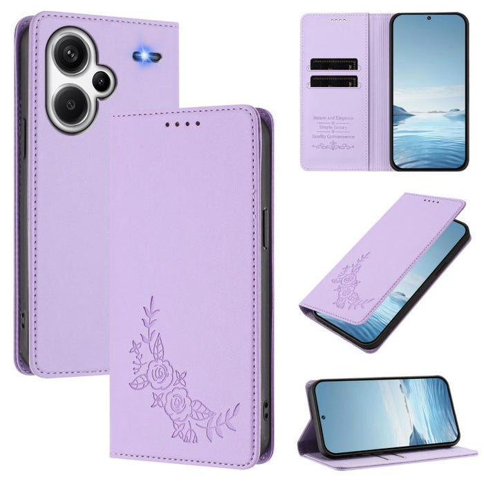 Funda para teléfono de piel vegana magnética RFID con relieve de peonía, For Redmi Note 13 4G Global, For Redmi Note 13 Pro 5G / Poco X6, For Redmi Note 13 5G Global, For Redmi Note 13 Pro+ 5G, For Redmi 12 4G / 5G / Note 12R                           ...