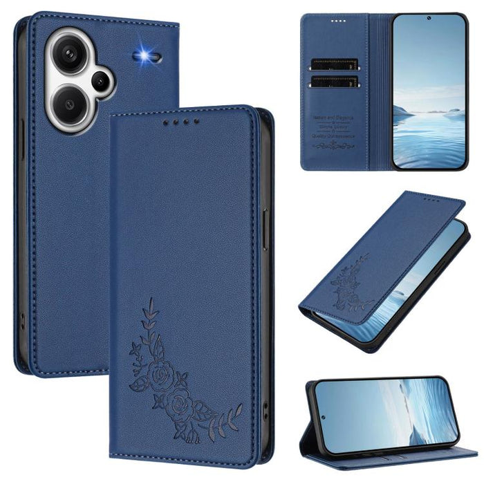 Funda para teléfono de piel vegana magnética RFID con relieve de peonía, For Redmi Note 13 4G Global, For Redmi Note 13 Pro 5G / Poco X6, For Redmi Note 13 5G Global, For Redmi Note 13 Pro+ 5G, For Redmi 12 4G / 5G / Note 12R                           ...