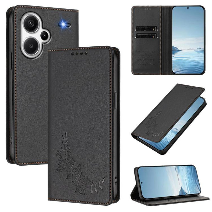 Funda para teléfono de piel vegana magnética RFID con relieve de peonía, For Redmi Note 13 4G Global, For Redmi Note 13 Pro 5G / Poco X6, For Redmi Note 13 5G Global, For Redmi Note 13 Pro+ 5G, For Redmi 12 4G / 5G / Note 12R                           ...
