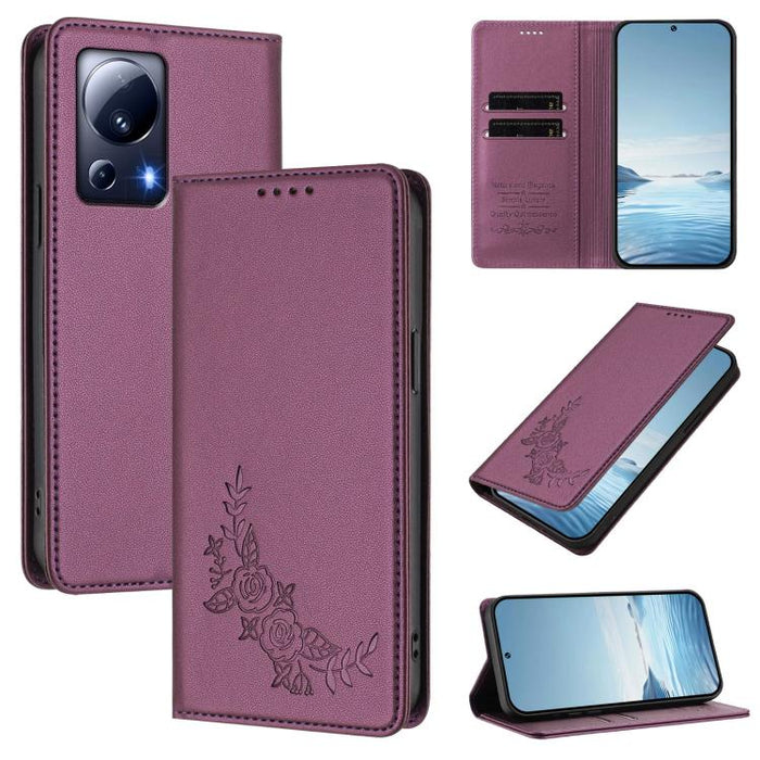 Funda para teléfono de piel vegana magnética RFID con relieve de peonía, For Xiaomi Civi 3, For Xiaomi 13 Lite / Civi 2, For Xiaomi 13 Pro 5G, For Xiaomi 13