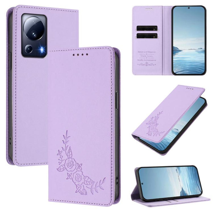 Funda para teléfono de piel vegana magnética RFID con relieve de peonía, For Xiaomi Civi 3, For Xiaomi 13 Lite / Civi 2, For Xiaomi 13 Pro 5G, For Xiaomi 13