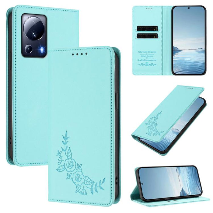 Funda para teléfono de piel vegana magnética RFID con relieve de peonía, For Xiaomi Civi 3, For Xiaomi 13 Lite / Civi 2, For Xiaomi 13 Pro 5G, For Xiaomi 13