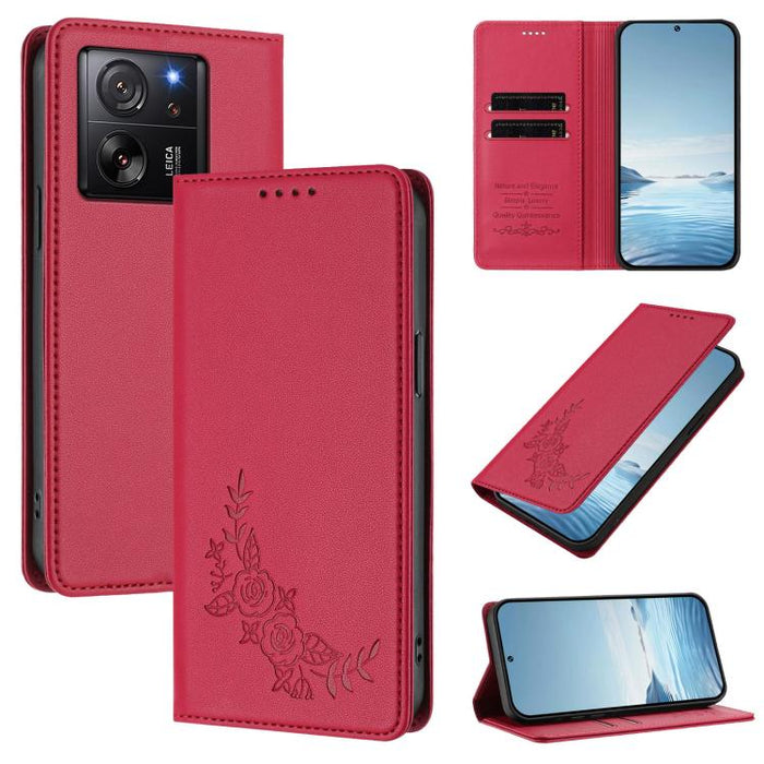 Funda para teléfono de piel vegana magnética RFID con relieve de peonía, For Xiaomi Civi 3, For Xiaomi 13 Lite / Civi 2, For Xiaomi 13 Pro 5G, For Xiaomi 13