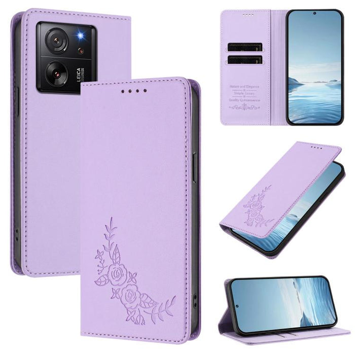 Funda para teléfono de piel vegana magnética RFID con relieve de peonía, For Xiaomi Civi 3, For Xiaomi 13 Lite / Civi 2, For Xiaomi 13 Pro 5G, For Xiaomi 13