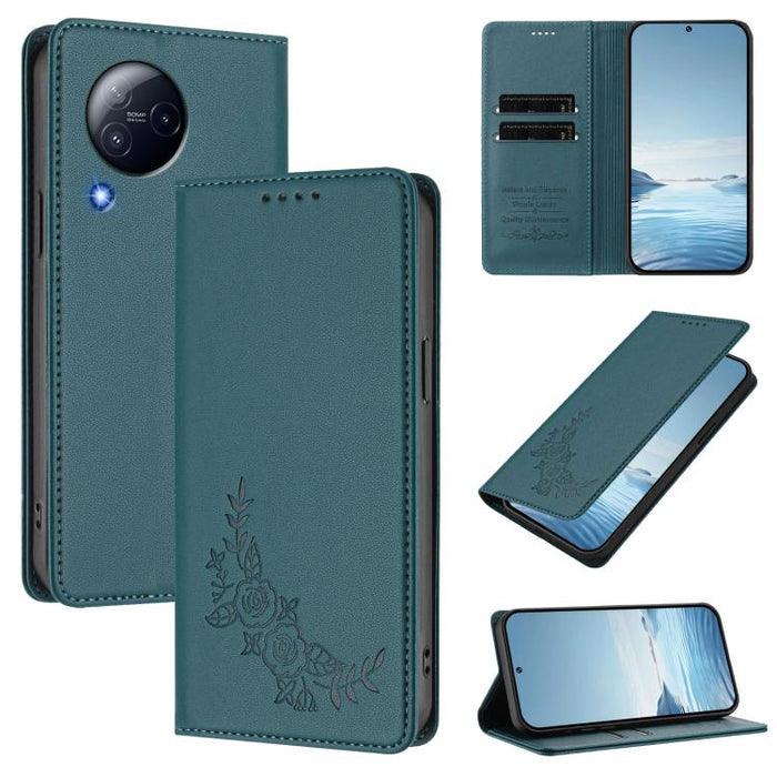 Funda para teléfono de piel vegana magnética RFID con relieve de peonía, For Xiaomi Civi 3, For Xiaomi 13 Lite / Civi 2, For Xiaomi 13 Pro 5G, For Xiaomi 13