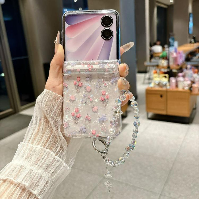 Funda magnética a prueba de golpes con purpurina y estampado floral fresco para teléfono con pulsera, For Xiaomi Mix Flip 2