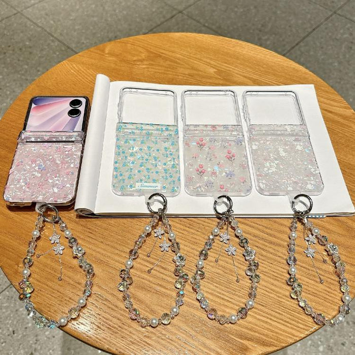 Funda magnética a prueba de golpes con purpurina y estampado floral fresco para teléfono con pulsera, For Xiaomi Mix Flip 2