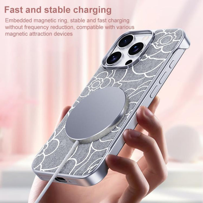 Funda magnética para teléfono de media cobertura, confeccionada en tela de lino con estampado de flores de camelia en relieve., For iPhone 17 Pro Max, For iPhone 17 Pro, For iPhone 17, For iPhone 16 Pro Max, For iPhone 16 Pro, For iPhone 16 Plus       ...